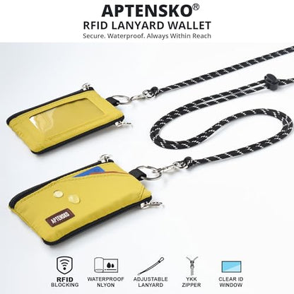 RFID Blocking Travel Wallet with Adjustable Lanyard, Small Nylon Zipper Pouch and Badge Holder for ID, Credit Cards, Cash, Keys, Commuters (Dark Yellow) - color: Dark Yellow