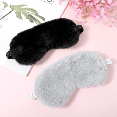 WY LIGHTING LEVEL 2 Pcs Plush Eye Mask Soft Sleeping Blindfold Eye Cover Comfortable Furry Faux Fur Sleeping Mask Satin Nap Night Eyeshade Cover for Women Men Gift (Black, Gray) - color: Black&gray