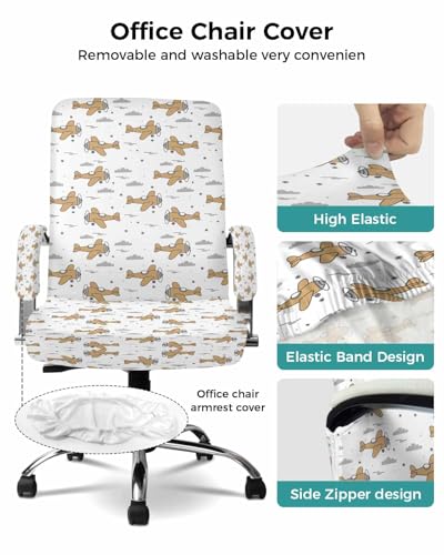 Brown Airplane Office Chair Covers with Armrest Covers, Rotating Chair Cover, Modern Abstract Art Cartoon Clouds Gaming Chairs Slipcovers with Elastic for Armchair, Medium - color: Blue, size: M with 2 Armrest Covers