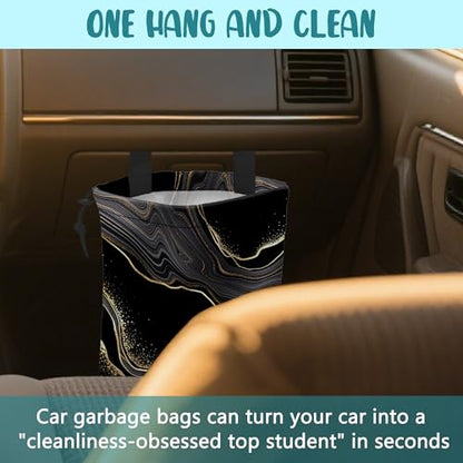 Car Garbage Bag Abstract Marble Golden Veins Drawstring Car Trash Bag Hanging for Back Seat with Adjustable Buckle Canvas Vehicle Trash Can Easy-to-Install - color: Abstract Marble Golden Veins