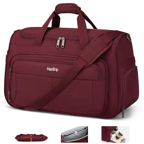 HanTrip Carry on Duffel Bag Foldable Duffle Bags for Travel, Large Personal Item Bags for Airplanes, Weekender Overnight Mens Travel Tote Bag for Women Softside Carry on Luggage (Burgundy) - color: Burgundy, size: Carry-on 21.5-Inch