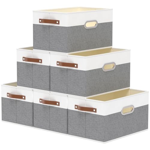 Yawinhe Fabric Storage Bins with Handles, Foldable Baskets for Shelves, Cubes with 3 Handles, Large Boxes for Clothes, White/Grey, 16.9''Lx11.8''Wx10.2''H, 6-Pack - color: White/Grey, size: 16.9x11.8x10.2inch(6-Pack)