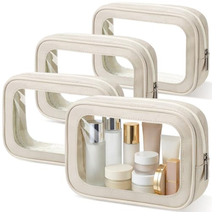 Abbylike 4 Pcs Beige Clear Makeup Bag PU Leather Tsa Approved Toiletry Bag with Zipper Transparent Waterproof Portable Cosmetic Bags Travel Car Clear Organizer Bags for Women Girl Mother's Day - color: Beige
