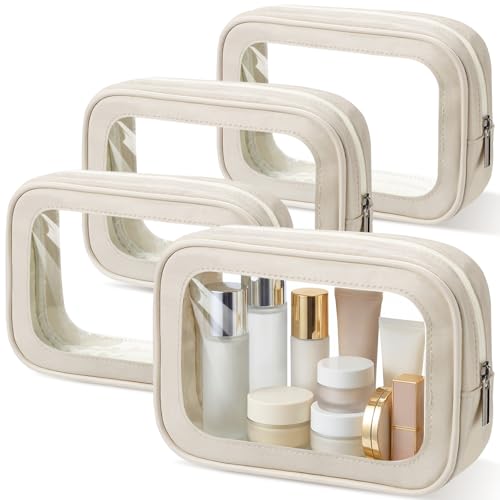 Abbylike 4 Pcs Beige Clear Makeup Bag PU Leather Tsa Approved Toiletry Bag with Zipper Transparent Waterproof Portable Cosmetic Bags Travel Car Clear Organizer Bags for Women Girl Mother's Day - color: Beige
