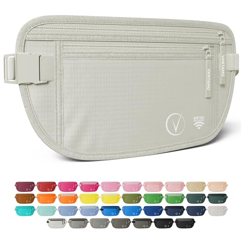 Vantamo Money Belt with RFID For Men & Women, Hidden Passport Holder for Travel, 2 Compartment Travel Fanny Pack for Women Anti Theft - color: Cloud Gray