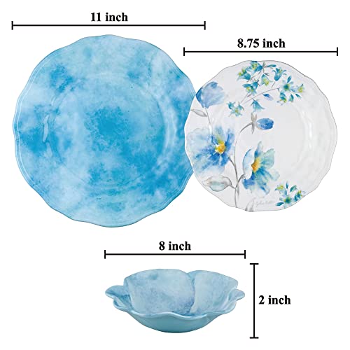 UPware 12 Piece Campanula Melamine Dinnerware Sets, Outdoor Dishes Set, Plates and Bowls Sets, Service for 4, Sky Blue - color: Blue Campanula