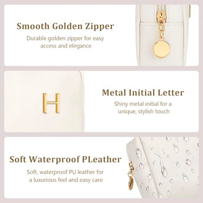 Personalized Birthday Gifts for Women - Initial Makeup Bag Set Travel Toiletry Bag Cosmetic Bags Soft Waterproof PU Leather Makeup Pouch Travel Essentials (H, 1pc Beige) - size: 1pc Beige, style: H
