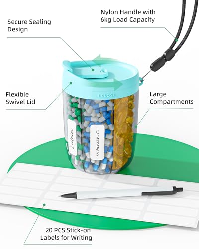 PULIV Large Supplement Organizer Bottle, Holds Plenty of 6 Various Vitamins in 1 Pill Dispenser with Anti-Mixing & Wide Openings Design, Easy to Retrieve Meds, Includes 20 Pcs Stick-on Labels Cyan - color: Cyan
