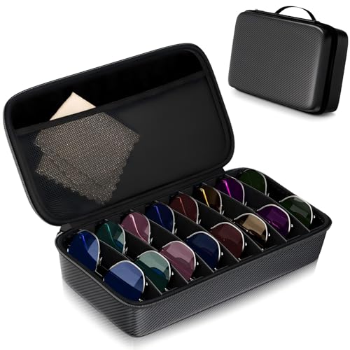 Travel Sunglasses Organizer, Hard Shell Sunglass Case Adjustable Slots for Multiple Sunglass Eyeglass Case - style: Black + 8 Slots