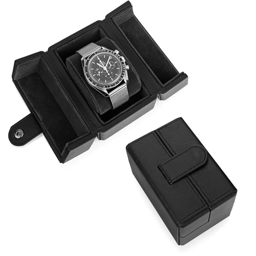 Single Travel Watch Case - Vintage Inspired - Exterior, Soft Microfiber Lining, Fits Up to 42mm Watches - Vegan Leather - Reliable Storage for Home or Travel - color: BlackBlack