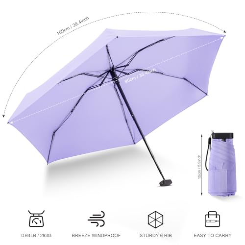 Mini Umbrella - Compact, Waterproof Travel Umbrella for Light Rain, Suitable for Women's Purse and Pocket - color: 0601.Light Purple