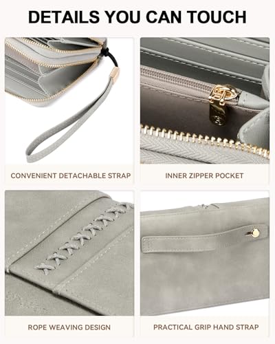 BOSTANTEN Wallets for Women Leather RFID Double Zipper Around Credit Card Holder Large Capacity Wristlet Clutch Wallet - color: Cloud Gray