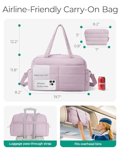 BAGSMART Gym Bag for Women, Lightweight Puffer Duffle Bag 2-PC Travel Bag, 31L Weekender Overnight Bag Quilted Carry On Tote Bag, Diaper Hospital Dance bag for Travel, Gym, Water Resistant - color: Misty Purple