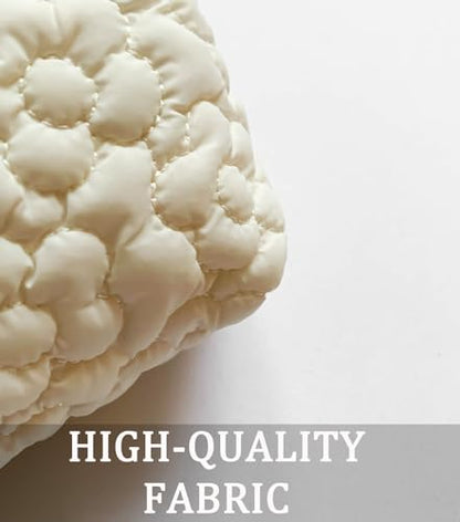 Puffy Quilted Makeup Bag, Cosmetic Bag, Travel Toiletry Organizer Pouch, Clutch for Wom (White Flower) - color: White Flower