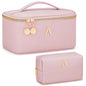 Personalized Initial Makeup Bag Gifts for Women, Large Travel Cosmetic Organizer with Handle & Divider, PU Leather Toiletry Bag for Girls, Birthday Bridesmaid Gift Set - Pink - A - color: Pink, style: A