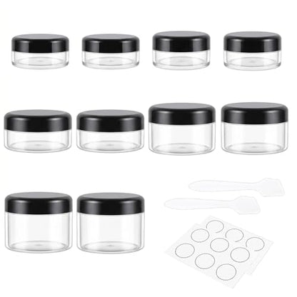 10 Pieces Travel Size Containers, 3/5/10/15/20 Gram Small Travel Containers for Cream, Lotion, Lip Balm and Toiletries, Leak Proof Sample Jars With Labels & Spatulas, Black - color: Black