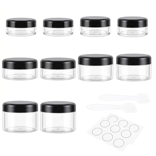 10 Pieces Travel Size Containers, 3/5/10/15/20 Gram Small Travel Containers for Cream, Lotion, Lip Balm and Toiletries, Leak Proof Sample Jars With Labels & Spatulas, Black - color: Black