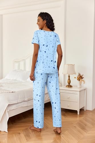 Ekouaer 2 Piece Womens Pajamas Short Sleeve Top and Long Pants Pjs Set Printed Sleepwear with Pocket - color: Blue Moon, size: Large