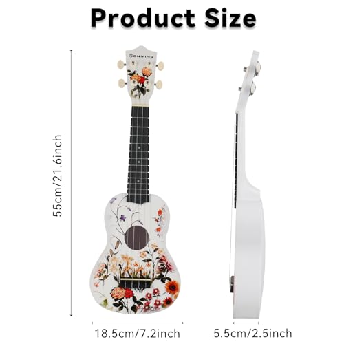 RANMING Ukulele 21 inch ukelele 4-String Ukulele Starter Kit with Strap, Picks,Carbon Strings Portable Plastic uku for Music Education Outdoor Travel Holiday Gifts Flower - color: white