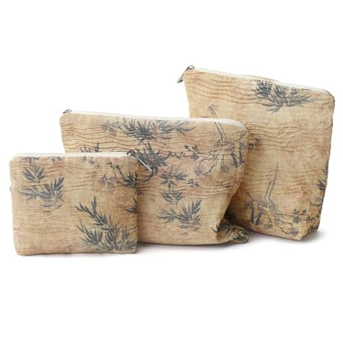 Small Cosmetic Bag Set of 3 for Purse, Bamboo Print Makeup Pouch Set, 3 Sizes Zipper Organizer for Travel & Toiletries, Gift for Her Birthday, Bridesmaid & Best Friend - color: BambooLeaf/Polyester