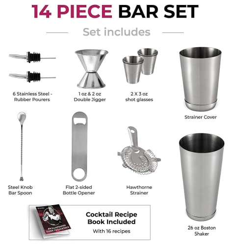 FineDine Cocktail Shaker Set with Travel Bag - Stainless Steel Shaker Set Bartender Kit - Mixology Bartender Kit - Strainer, Muddler, Jigger, Bar Spoon, Bottle Opener, Pour Spouts - Bar Set (14 Piece) - size: 14 Piece