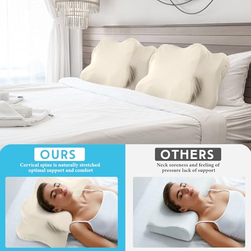 Hahafelt Cooling Cervical Neck Pillowcase Cover (Only Pillow Case) Ergonomic Pillowcase with Zipper Breathable Contour Pillow Cover for Side Back Stomach Sleepers(Beige,Queen Size) - color: Beige, size: Queen