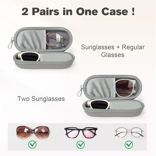 Double Eyeglasses Case, Dual Glasses Sunglasses Organizer with Zipper Closure, Eyewear Storage Box for Men Women Travel - color: Grey