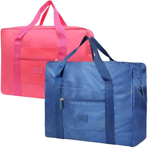 Travel Duffel Bag 2 PCS Carry on Luggage Bag Foldable Travel Tote Bag Waterproof Sports Gym Bag Lightweight Large Weekender Overnight Bag for Women and Men (Blue+Red) - color: Blue+Red
