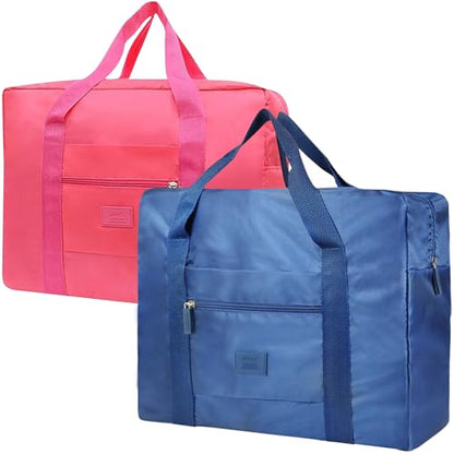 Travel Duffel Bag 2 PCS Carry on Luggage Bag Foldable Travel Tote Bag Waterproof Sports Gym Bag Lightweight Large Weekender Overnight Bag for Women and Men (Blue+Red) - color: Blue+Red
