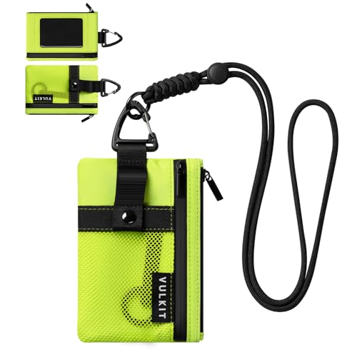 VULKIT Small Minimalist Wallet for Women and Men RFID Blocking, Zipper Coin Pouch with ID Window and Keychain, Water Resistant Travel Lanyard Wallet Lime Green - color: Lime-Green