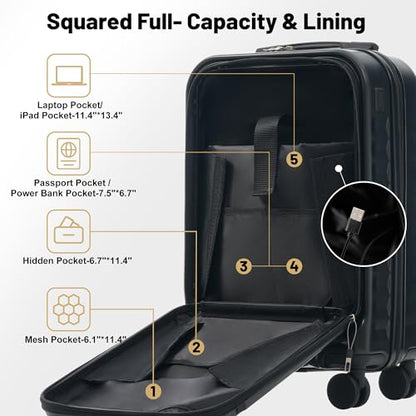 Merax Luggage Sets Front Opening, 2 Piece Hardshell Suitcase with Spinner Wheels and Bags,Lightweight Carry on Luggage with USB Port,20+24,Black - color: Black, size: 2 Piece(20+24+Bag）