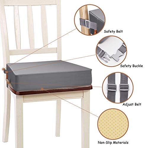 Toddler Booster Seat for Dining Table, PU Washable Double Safe Straps Non-Slip Bottom Booster Seat Dining Toddler, Portable Travel Increasing Cushion (Grey) - color: Grey