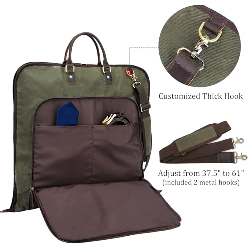 Polare Waxed Canvas Full Grain Leather Trim Garment Carry On Bag for Travel, Foldable Hanging Suitcase Weekender Dust-Proof Garment Waterproof Cover with YKK Zipper and Adjustable Strap (Army Green) - color: Army Green