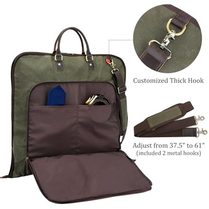 Polare Waxed Canvas Full Grain Leather Trim Garment Carry On Bag for Travel, Foldable Hanging Suitcase Weekender Dust-Proof Garment Waterproof Cover with YKK Zipper and Adjustable Strap (Army Green) - color: Army Green