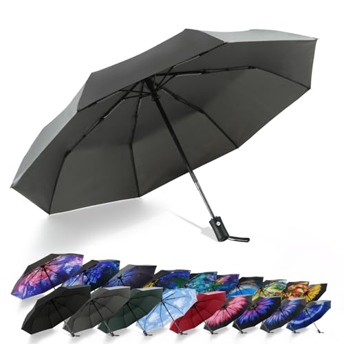 SY COMPACT Travel Umbrella - Windproof Automatic Compact Umbrella for Rain, Lightest 8-Rib, Small, Strong & Portable, Durable Grip, Fits Backpack & Car, Factory Direct (UV Available) - color: Grey