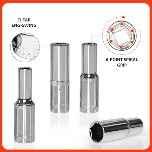 Egofine 10PCS 1/2” Drive Deep Socket Set,Metric Socket Set（10mm-21mm,6 Point Socket Set With Hanging Bracket,Cr-V Steel - size: 1/2, style: 10PC Deep Socket Set