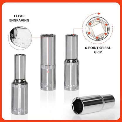 Egofine 10PCS 1/2” Drive Deep Socket Set,Metric Socket Set（10mm-21mm,6 Point Socket Set With Hanging Bracket,Cr-V Steel - size: 1/2, style: 10PC Deep Socket Set