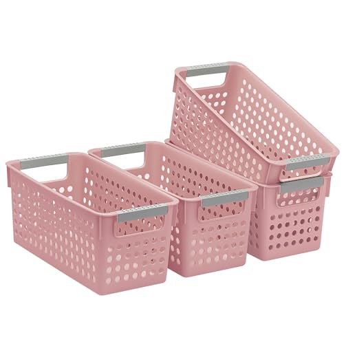 Soddeph 4 Pack Slim Plastic Storage Basket with Handles, Rectangular Storage Bins for Shelves,Narrow Organizer box for Organizing, Kitchen,Home,Office(Pink, Small) - color: Pink, size: Small