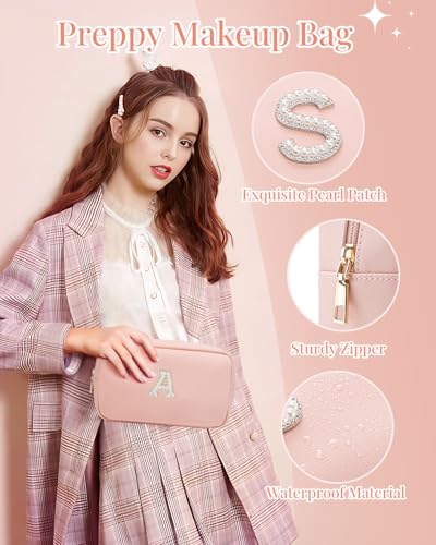 VLANDO Teacher Appreciation Gifts Personalized Birthday Gifts Makeup Kit Teen Girls Gifts Preppy Makeup Bag Small Cosmetic Bag Travel Graduation Gifts for Women T - color: 03-Pink-T
