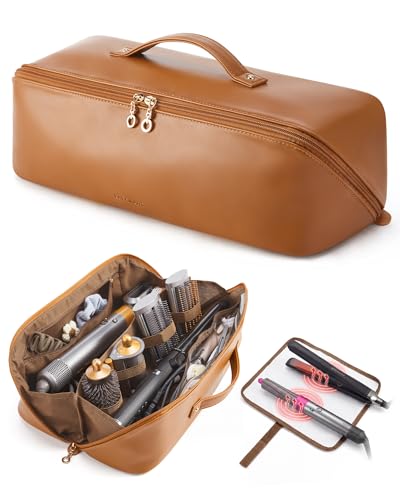 BAGSMART Hair Tool Organizer Travel Bag Compatible with Dyson Airwrap, Shark Hair Dryer, Wide-open Accessories Organizer with Heat Resistant Mat, Makeup Bag for Dyson Attachments, Curling Iron,Leather - color: Brown（Leather）
