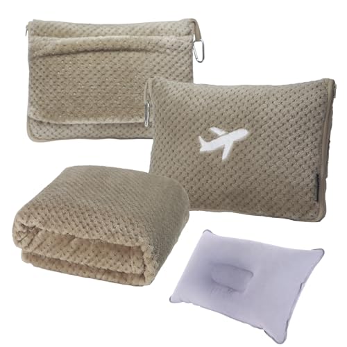 3 in 1 Travel Blanket Pillow Set - 350 GSM Thick Travel Blanket Airplane Compact with Bag, Soft Bag with a Pocket, Inflatable Travel Pillow for Camping & Car Trip (Light Coffee) - color: Light Coffee