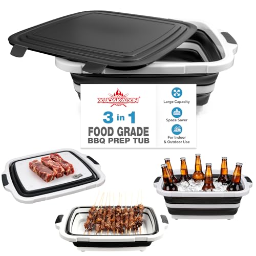 XUDAKAIXIN Collapsible BBQ Prep Tub for Meal Prep, Marinating,Food Storage, picnics, camping, barbecues,cutting fruits and vegetables - Includes Cutting Board and Locking Lid,(X-Large) Black - color: (X-Large)Black