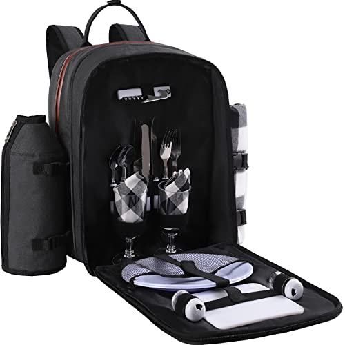 ALLCAMP OUTDOOR GEAR Picnic Backpack for 2 Person Set W/Detachable Bottle/Wine Holder, Fleece Blanket, Plates and Cutlery Set (Black) - color: Black, size: 2 person