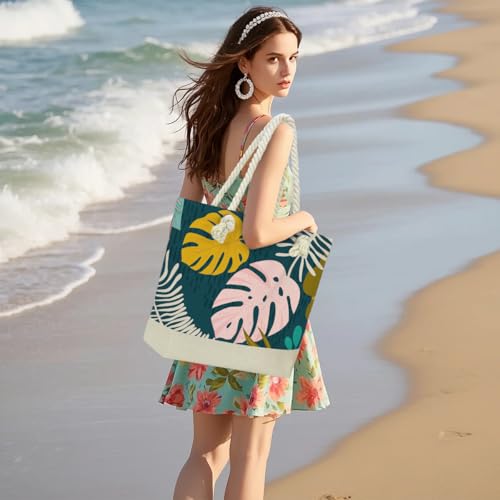 Fokongna Tote Bag For Women, Beach Bag Best Friend Travel Birthday Gifts, Travel Parties Vacation Shopping Essentials - color: Monstera Leaf Tropical