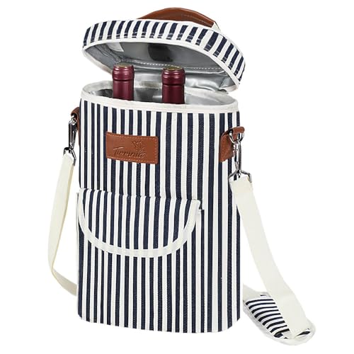 Tirrinia 2 Bottle Wine Gift Tote Carrier - Leakproof & Insulated with large pockets Wine Cooler Bag for Travel, Wine Tasting, Party, Dinner,Great Gift for Wine Lover - color: Stripe, size: 2 Bottle-with front pocket