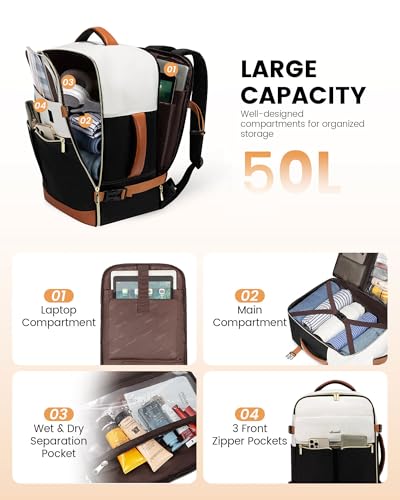 LOVEVOOK Travel Backpack for Women, TSA Carry On Backpack Flight Approved Luggage, 50L Water Resistant Personal Item Daypack Large Weekender Bag fit 18 inch Laptop with 3 Cubes, Beige-black-brown - color: Beige-black-brown, size: 50L-18 Inch-4Pcs