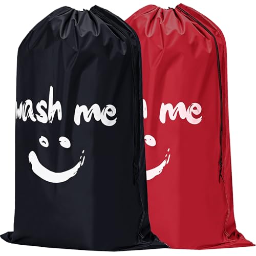 HOMEST 2 Pack XL Wash Me Travel Laundry Bag, Dirty Clothes Organizer, Large Enough to Hold 4 Loads of Laundry, Easy Fit a Laundry Hamper or Basket - color: (Ⅰ-Wash me)Black & Red