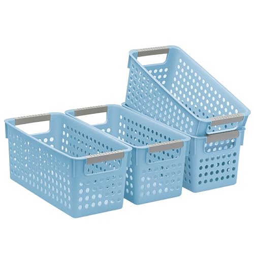 Soddeph 4 Pack Slim Plastic Storage Basket with Handles, Rectangular Storage Bins for Shelves,Narrow Organizer box for Organizing, Kitchen,Home,Office (Blue, Small) - color: Blue, size: Small