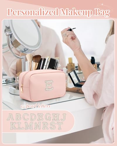 VLANDO Wedding Gifts Makeup Pouch Monogram Makeup Bag Cosmetic Bag,Gift Ideas for Bridesmaid Friend Sister Wife Preppy Things for Girls Letter E - color: 03-Pink-E