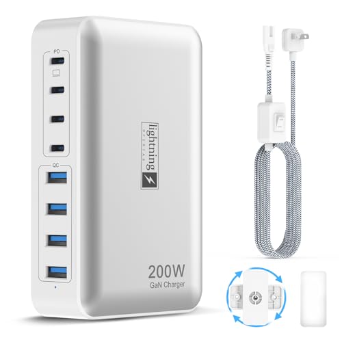 200W Charging Station for Multiple Devices, 8-Port USB C Charger Block Fast Charging, 65W Type C GaN Power Adapter for Cellphones, Tablets, Laptops, Multi Chargers USB Hub Flat Plug - color: 200W Charger White
